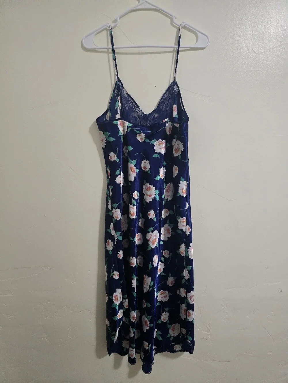 Vintage Deena Satin Lace Floral Midi Slip Dress Navy White Size L